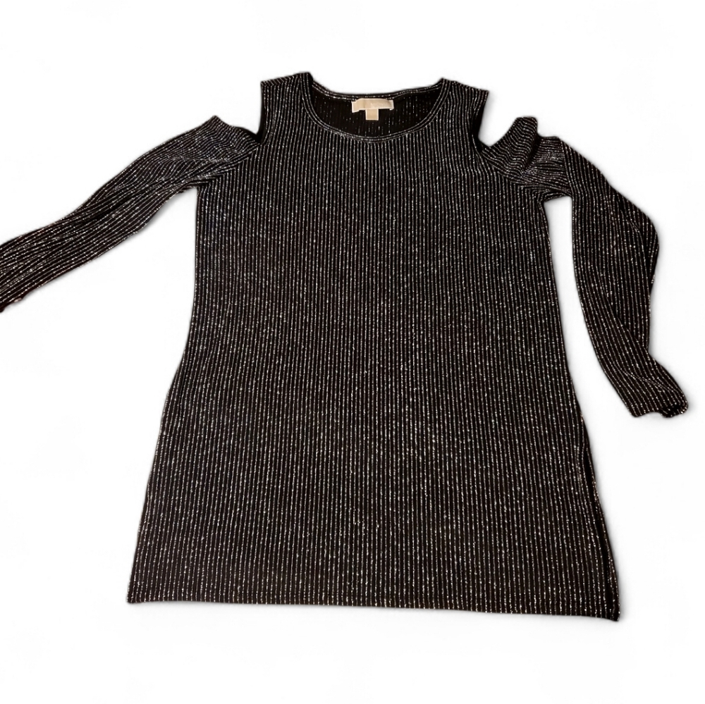 Michael Kors Shimmer Metallic Black Silver Holiday Party Top L